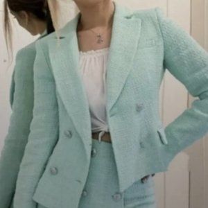 NWT Zara textured tweed weave double breast blazer sea green silver buttons mint